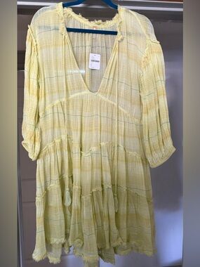 Free People Light Yellow Tiered V-Neck Boho Dress
